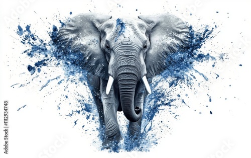 Elephant in Paint Streams A graceful elephant created from flowing gray and blue paint streams, with splashes forming its ears and trunk, standing against a clean white background. photo