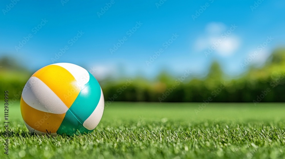 Summer Fun A Colorful Beach Ball Rests on Lush Green Grass Under a Sunny Sky Summer Fun A Colorful Beach Ball Rests on Lush Green Grass Under a Sunny Sky
