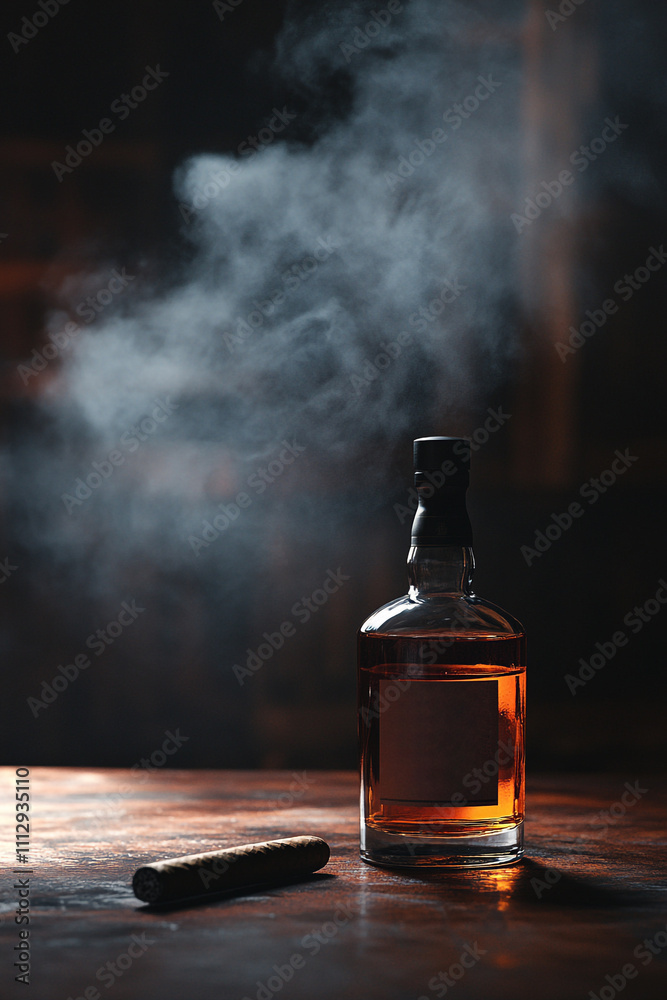 bottle of whiskey and cigar on dark background and smoky background,generative AI bottle of whiskey and cigar on dark background and smoky background,generative AI