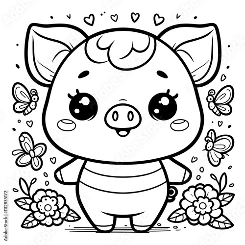 coloring page of a cute pig , coloring book page, clean line art, white background