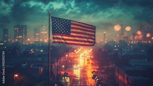 Wallpaper Mural American flag waving at dusk over a city skyline with fireworks in the background. A patriotic scene celebrating Independence Day. Torontodigital.ca