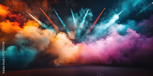 Swirling smoke in bold colors enveloping a massive arena stage, illuminated by a matrix of crisscrossing beams of light, fading into the shadows of a dark void