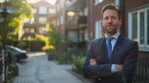 A mature, well-dressed man stands confidently, arms crossed, in a residential area.