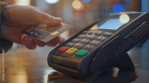 Closeup of a hand holding a credit card near a modern pointofsale terminal. Contactless payment process in progress. Blurry background. photo