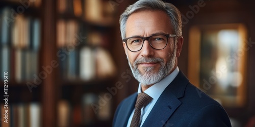 A mature professional with gray hair and a beard is standing in a well-furnished library, conveying confidence and poise through his formal attire and glasses.