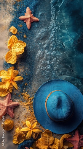 A serene beach scene featuring a crystal-clear ocean shoreline with colorful starfish, vibrant yellow plumeria flowers, and a striking blue sun hat.