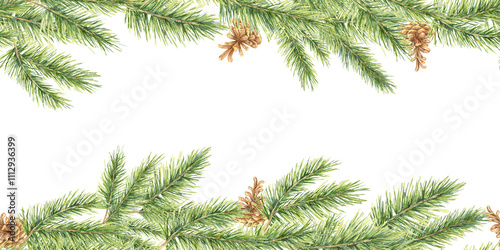 A seamless border with green watercolor pine branches pointing in various directions. Great for nature-inspired branding, flyers, or seasonal merchandise, giving a fresh, outdoor-themed design element