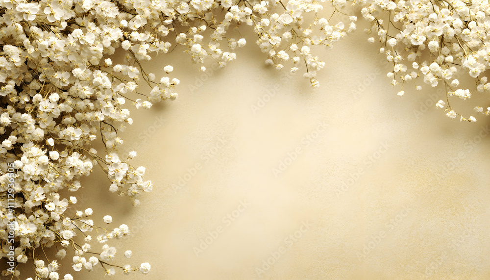 Elegant white baby's breath flowers frame a beige textured background, creating a delicate and romantic border. Ideal for wedding invitations, stationery, or feminine designs. Elegant white baby's breath flowers frame a beige textured background, creating a delicate and romantic border. Ideal for wedding invitations, stationery, or feminine designs.