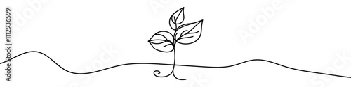 Minimalist continuous line drawing representing a growing plant with leaves. Vector illustration.