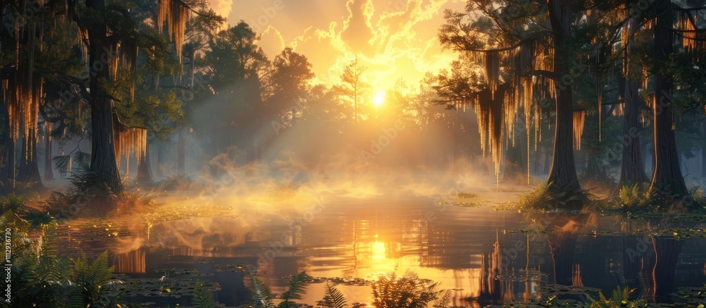 Enchanting and atmospheric sunset landscape with a magical misty swamp lush forest of cypress trees draped in hanging moss and glowing golden light beautifully reflected in the still tranquil water Enchanting and atmospheric sunset landscape with a magical misty swamp lush forest of cypress trees draped in hanging moss and glowing golden light beautifully reflected in the still tranquil water