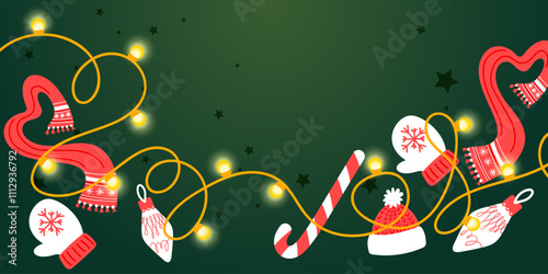 Merry Christmas background winter look with top garland, Christmas sock, winter hat and scarf. Vector background with  copy space. Merry Christmas and Happy New Year art 2025