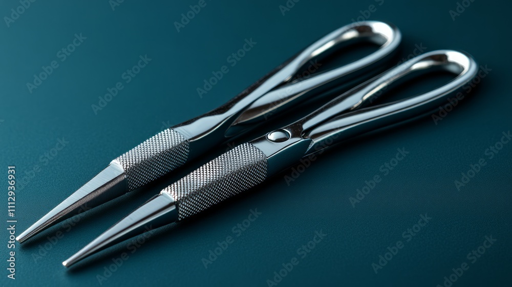 Close-up of two polished, metallic, long-nose pliers with textured handles, set against a dark teal background.