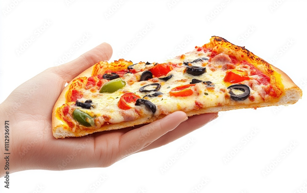 Hand Holding a Slice of Pizza Hand holding a cheesy slice of pizza with vibrant toppings, on a clean white background.