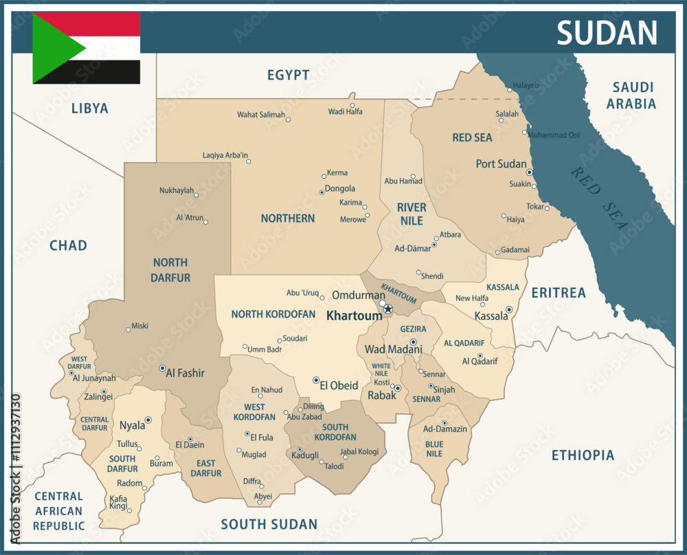 Obraz premium Sudan Map Vector Vintage Dark Blue Beige - Customizable layered political map of Sudan with administrative divisions for website, education, reports, news, politics, print, poster and wallpaper