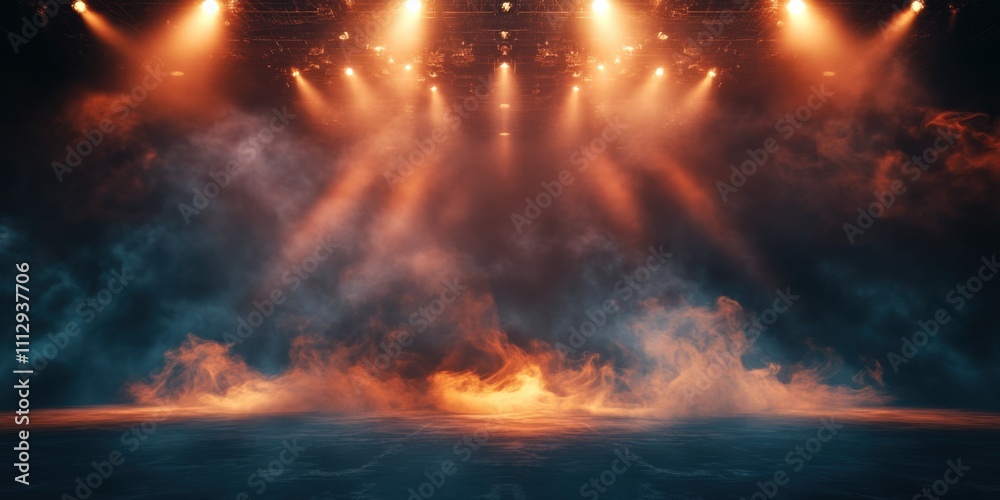 Vivid swirling plumes of smoke, dynamically encircling an illuminated arena stage, highlighted by an intricate matrix of spotlight beams, radiating in a mesmerizing void of concert lighting Vivid swirling plumes of smoke, dynamically encircling an illuminated arena stage, highlighted by an intricate matrix of spotlight beams, radiating in a mesmerizing void of concert lighting