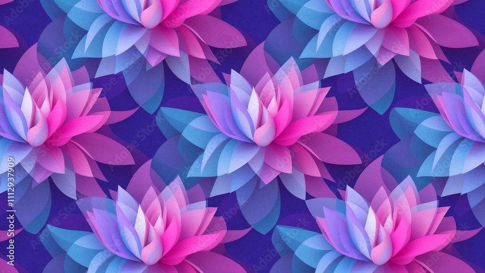 Abstract pattern with seamless, repeating design, gradient lotus flowers, bright shades of pink, purple and blue, Background is blue, suitable for use as decorative wallpaper or textile design. Abstract pattern with seamless, repeating design, gradient lotus flowers, bright shades of pink, purple and blue, Background is blue, suitable for use as decorative wallpaper or textile design.