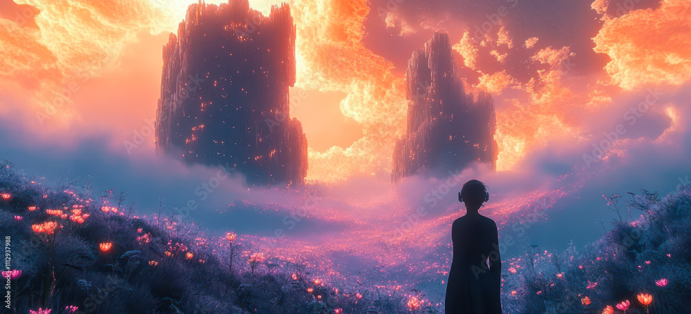 Person Exploring AI-Generated Surreal Dreamscape in VR with Stunning Virtual Landscape Person Exploring AI-Generated Surreal Dreamscape in VR with Stunning Virtual Landscape