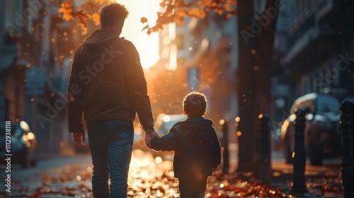 A father and son walk hand in hand down a city street at sunset. Autumn leaves are scattered on the ground. Warm light bathes the scene.