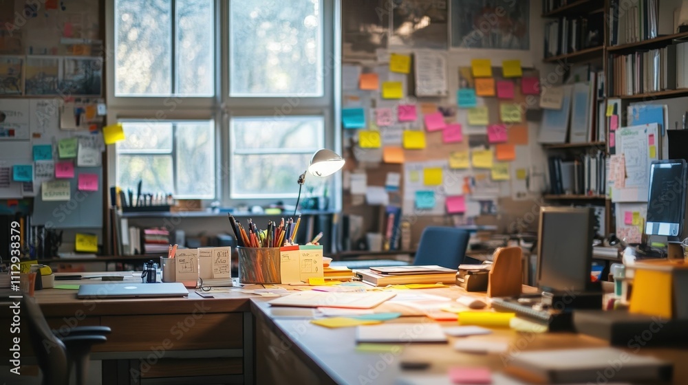 Cluttered desk, colorful notes, laptop, window, books.