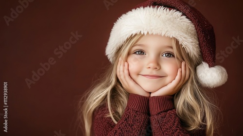 A cheerful girl wearing a Santa hat and red sweater smiles warmly at the camera, creating a festive atmosphere in the studio