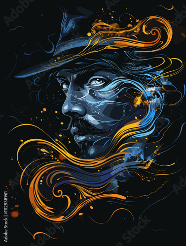 Man with a hat and beard is shown in a painting with a blue and orange swirl. The painting has a mood of mystery and intrigue