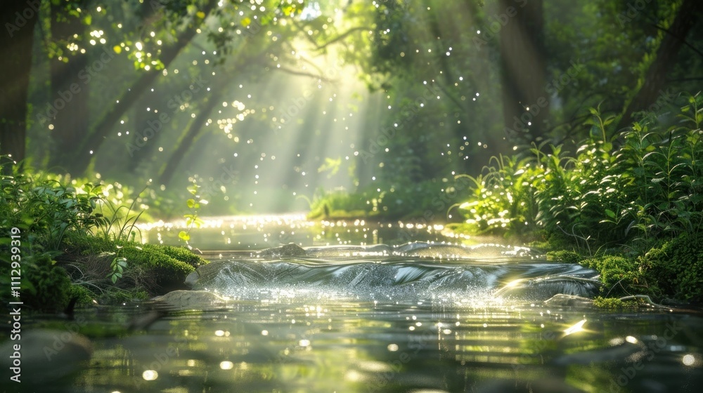 Enchanting sunlit forest stream with sparkling waterfall cascading over mossy rocks surrounded by lush green foliage and dappled light A serene tranquil and ethereal natural landscape scene Enchanting sunlit forest stream with sparkling waterfall cascading over mossy rocks surrounded by lush green foliage and dappled light A serene tranquil and ethereal natural landscape scene