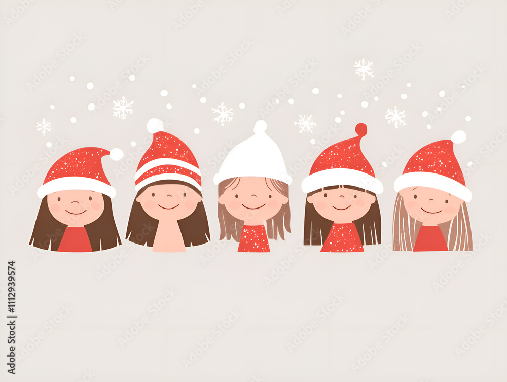 Illustration of five happy little girls wearing Christmas hats, on a gray background.