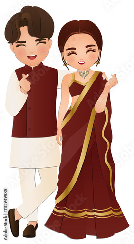 Bride and groom cute couple indian dress cartoon character