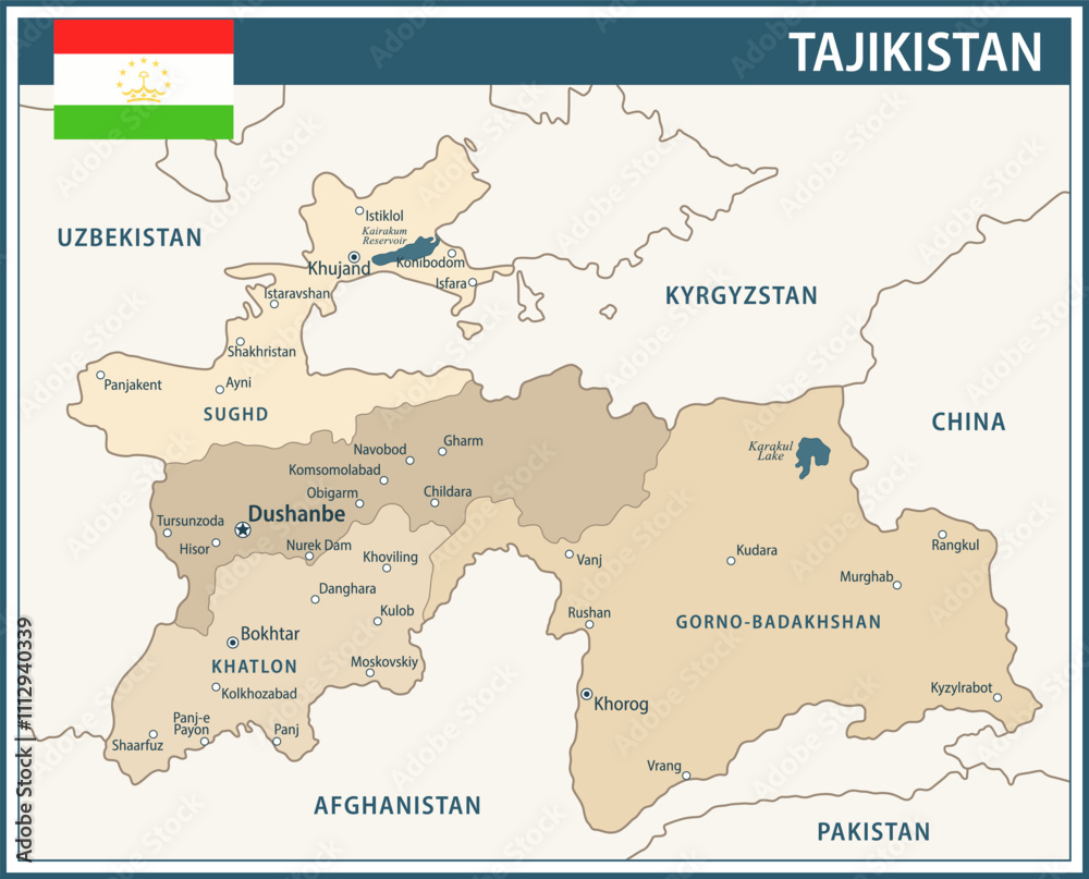 Fototapeta premium Tajikistan Map Vector Vintage Dark Blue Beige - Customizable layered political map of Tajikistan with administrative divisions for website, education, reports, news, politics, print, poster