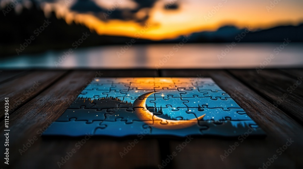 Naklejka premium a puzzle showing a serene night scene with a glowing moon and stars, half-completed