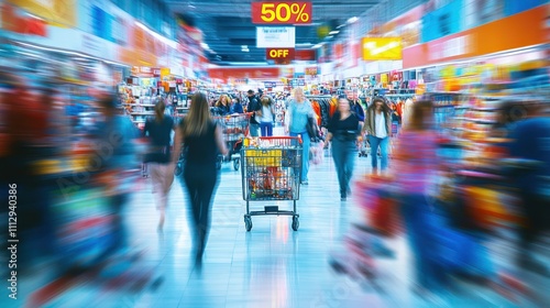 Blurred motion of shoppers in a busy supermarket with a 50% off sale sign.