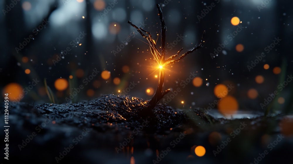 Naklejka premium Glowing Tree in Dark Forest: Mystical Night Scene