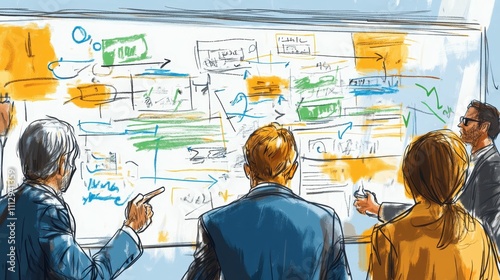 Team brainstorming; colorful chart; collaborative planning.