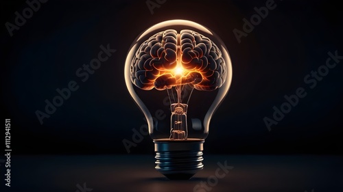 a light bulb with human brain inside against a pure dark background, ai brain or technology concept, space for copy
