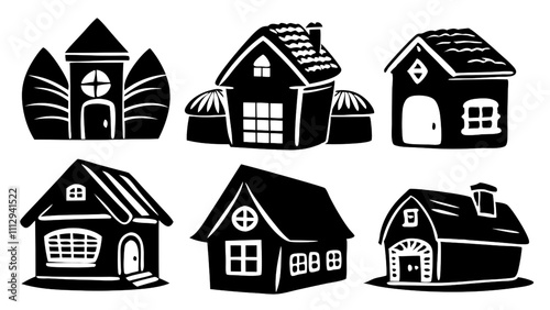 Vector Charming House Icons: A collection of six unique house silhouettes, perfect for adding a touch of homey charm to your designs.  Each illustration offers a distinct architectural style.