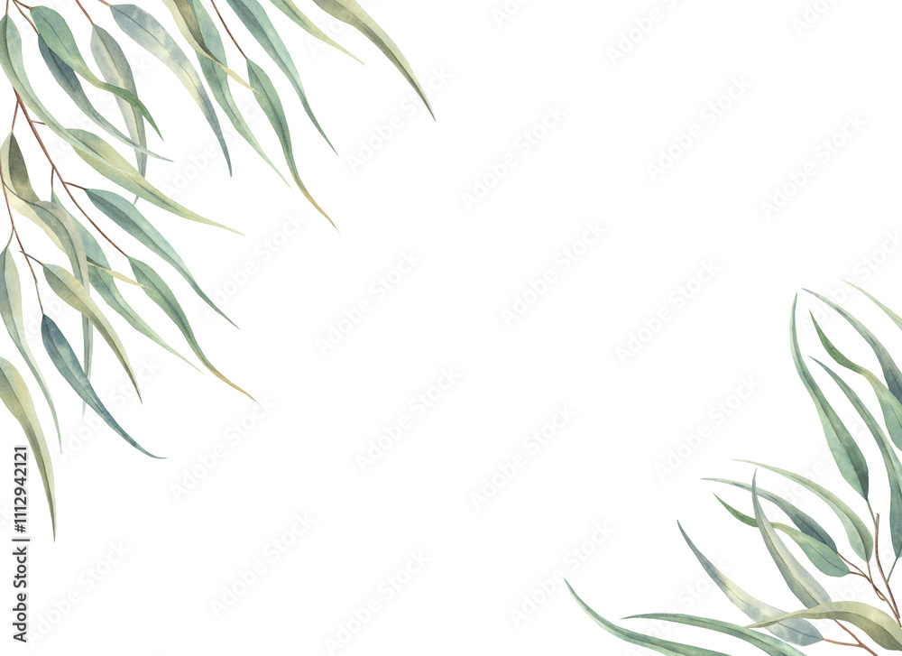 Fototapeta premium Watercolor frame with eucalyptus branches with green long leaves.