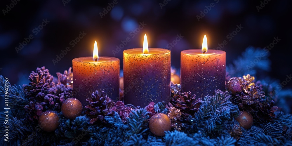 A beautifully arranged centerpiece of three flickering candles surrounded by frosty pinecones and seasonal decorations, evoking warmth and festivity. A beautifully arranged centerpiece of three flickering candles surrounded by frosty pinecones and seasonal decorations, evoking warmth and festivity.