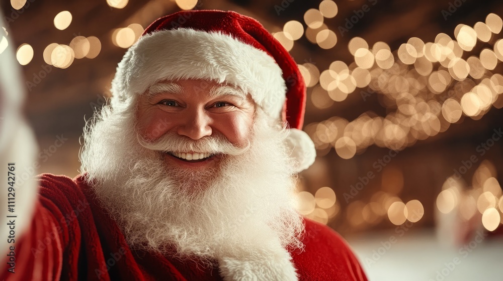 Joyful Santa waving, surrounded by Christmas lights and festive decorations this holiday season