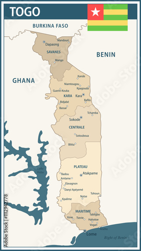 Togo Map Vector Vintage Dark Blue Beige - Customizable layered political map of Togo with administrative divisions for website, education, reports, news, politics, print, poster and wallpaper