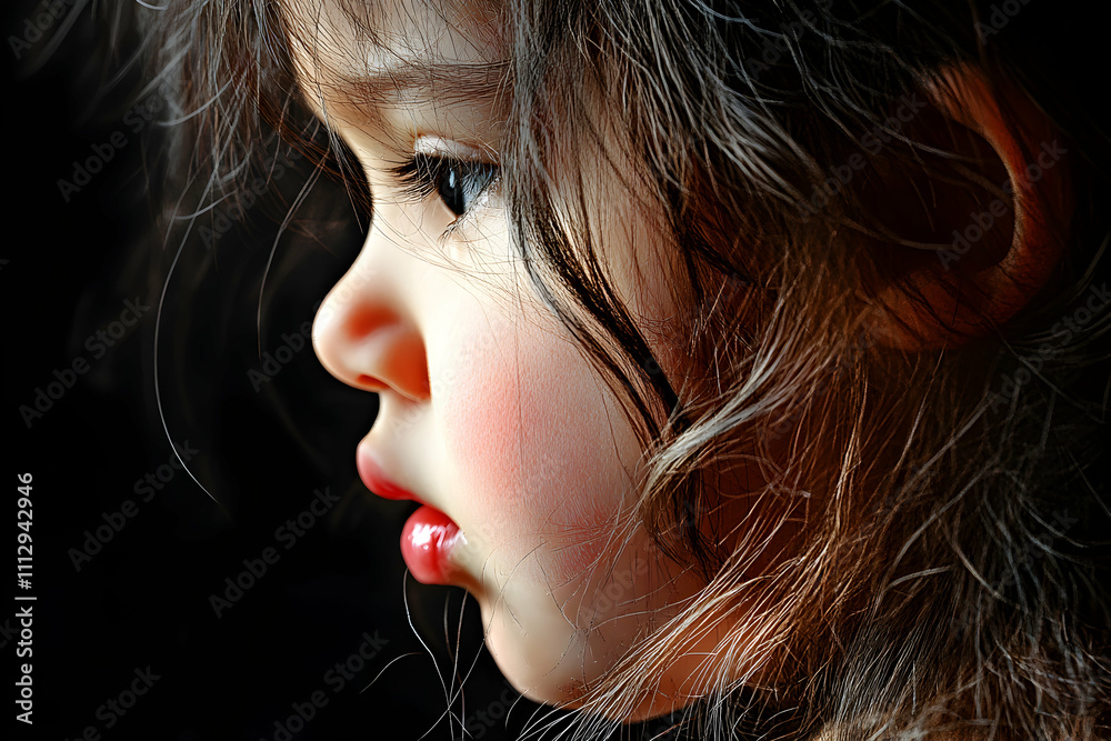 Profile of a pensive young girl with tousled brown hair, soft lighting emphasizes her delicate features against a dark background. A tender moment captured with artistic flair. Profile of a pensive young girl with tousled brown hair, soft lighting emphasizes her delicate features against a dark background. A tender moment captured with artistic flair.