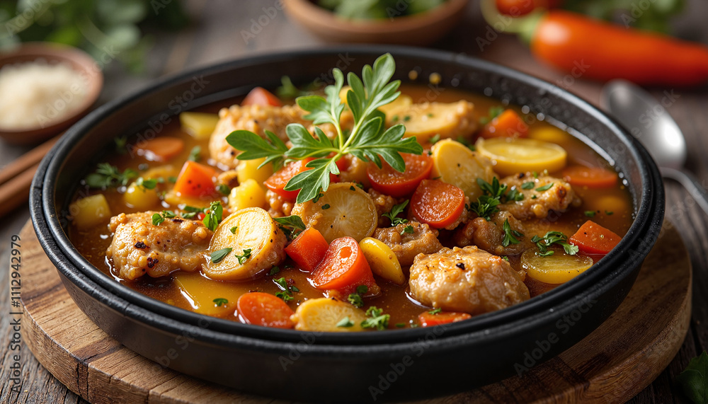 Hearty chicken stew with vegetables in rustic bowl Hearty chicken stew with vegetables in rustic bowl