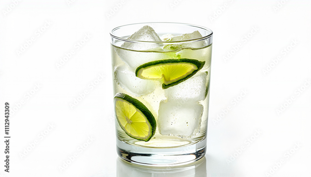 Refreshing gin and tonic with lime slices and ice cubes Refreshing gin and tonic with lime slices and ice cubes