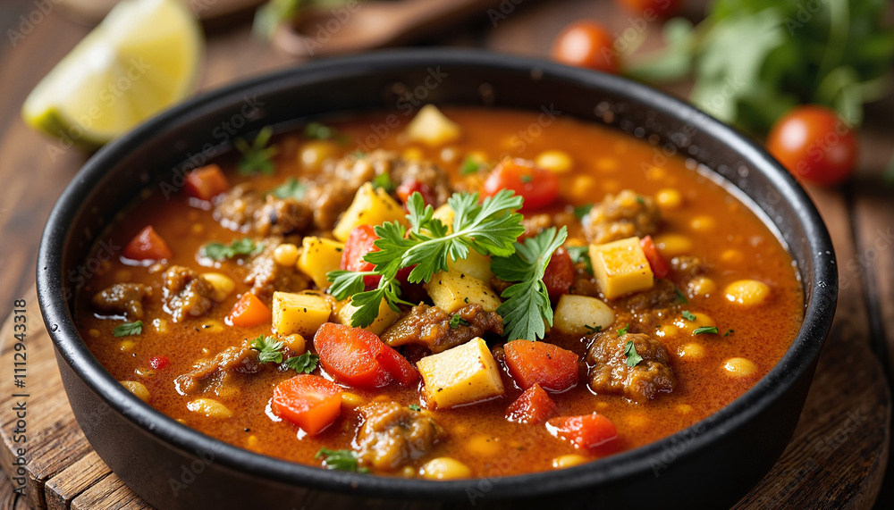 Hearty beef and vegetable soup in black bowl Hearty beef and vegetable soup in black bowl