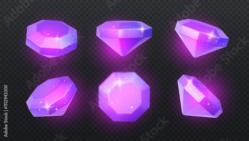 Purple Diamond Crystals with Shining Effect and Gradient Glow. Vector illustration