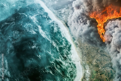 Composite showing wildfire smoke, hurricane-prone regions, and coastal erosion, illustrating a broad spectrum of climate risks.