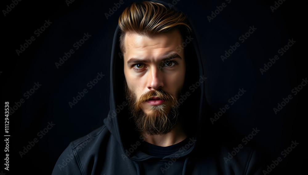 Muscular model young man with beard in hoody on dark background. Fashion portrait of brutal sexy strong guy with modern trendy hairstyle and brown eyes isolated with white highlights, png Muscular model young man with beard in hoody on dark background. Fashion portrait of brutal sexy strong guy with modern trendy hairstyle and brown eyes isolated with white highlights, png