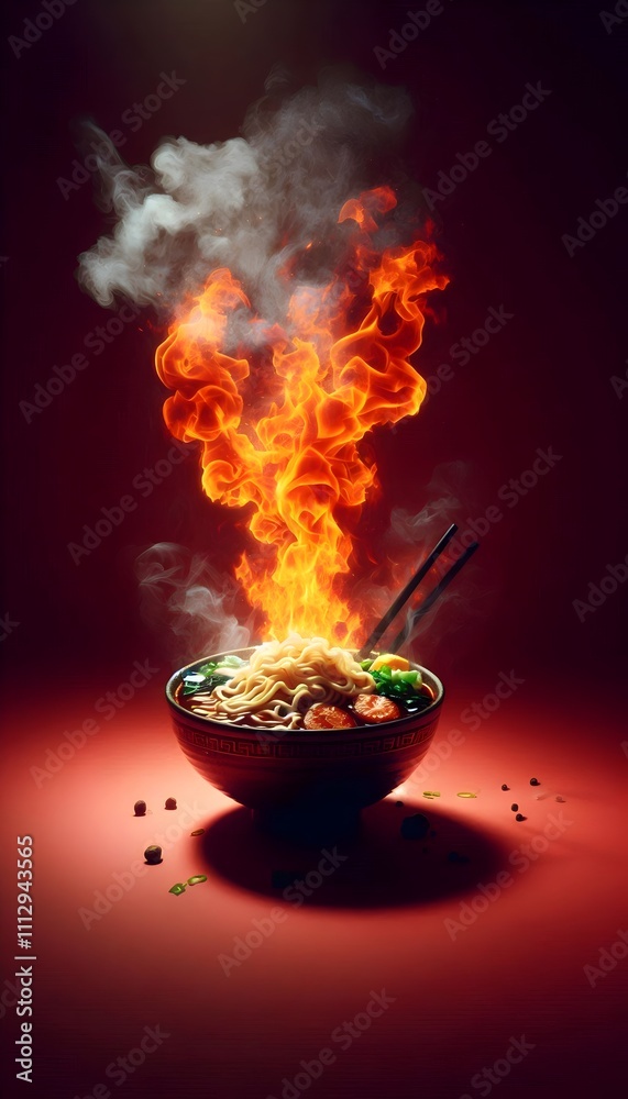 a bowl of hot Japanese Chinese noodles ramen spicy delicious with steam fire flame smoke on a red vertical background a bowl of hot Japanese Chinese noodles ramen spicy delicious with steam fire flame smoke on a red vertical background