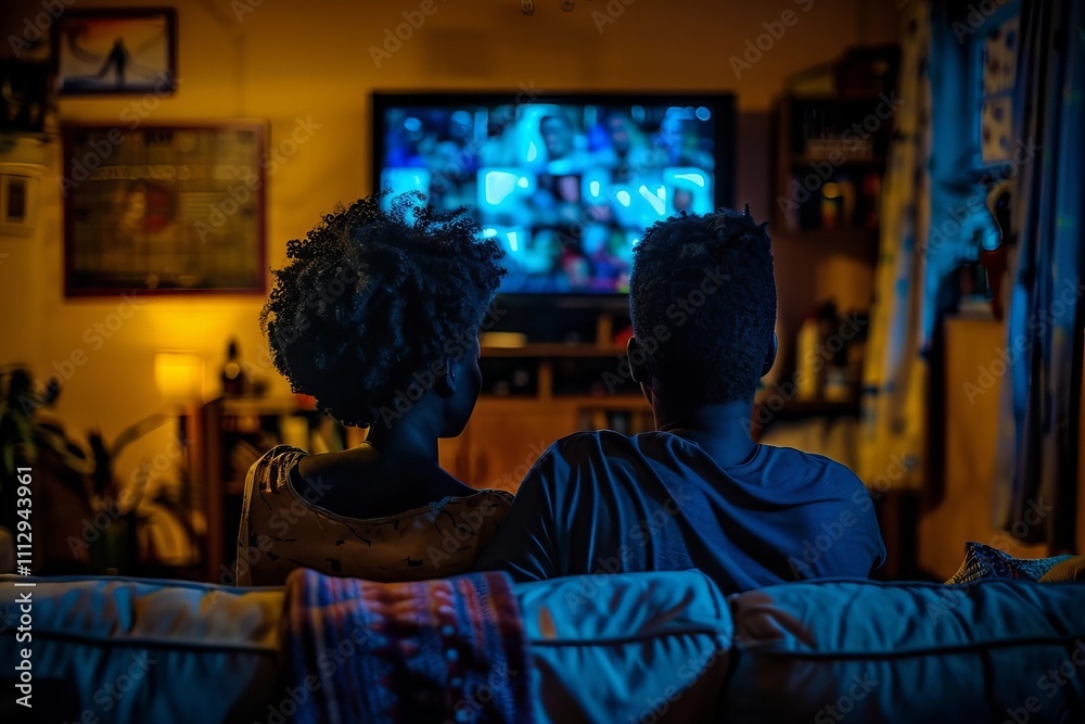 An African Couple Streaming a Movie on their Television Screen An African Couple Streaming a Movie on their Television Screen