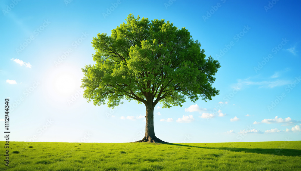 Majestic Lone Tree Standing in Vibrant Green Meadow Under Blue Sky Majestic Lone Tree Standing in Vibrant Green Meadow Under Blue Sky
