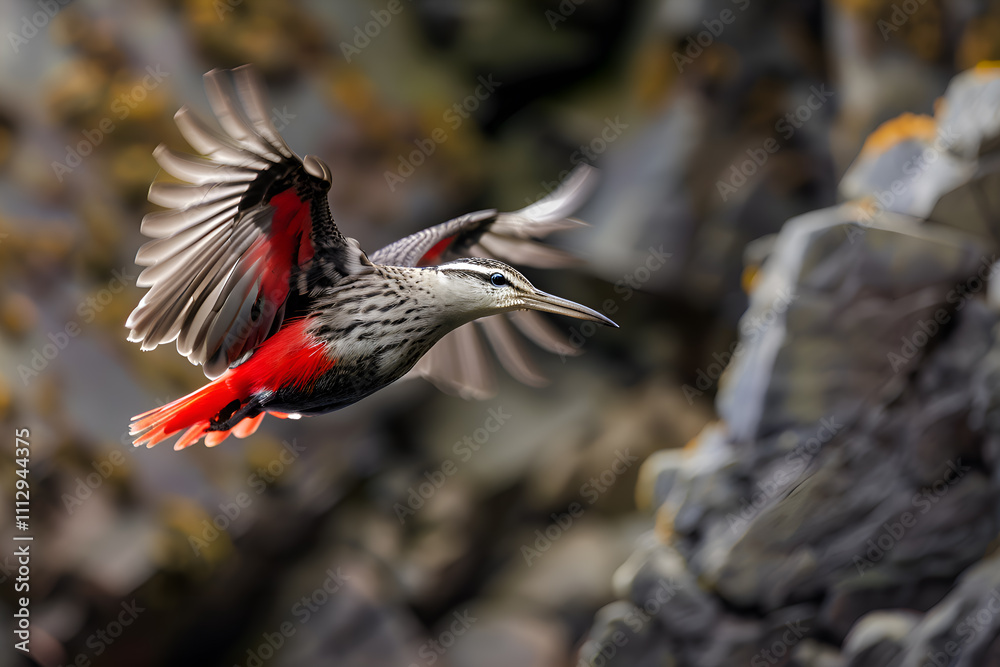 Naklejka premium Wallcreeper in mid-flight with its wings spread wide
